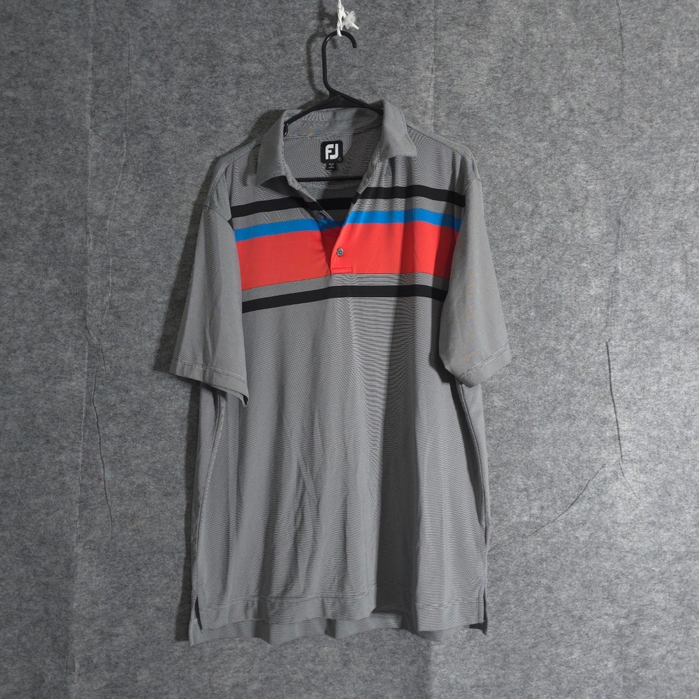 FootJoy Men's Golf Polo Shirt Large Striped Gray Orange Blue Performances Sports